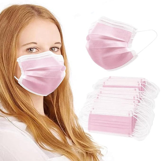 100Pcs Pink Disposable Face Mask, 3 Ply Masks with Soft Elastic Ear loops