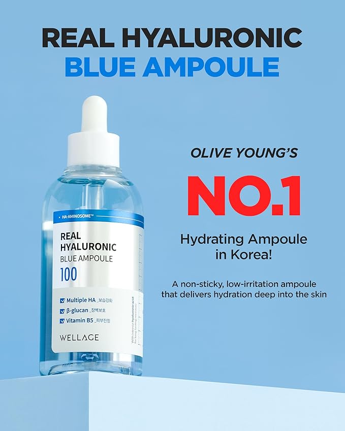 WELLAGE Real Hyaluronic Blue Ampoule 100, Korean Serum, Fragrance Free Hyaluronic Acid Ampoule with Panthenol, Wild yam, Centella for Sensitive Dry Skin Moisturizer 2.54 fl.oz