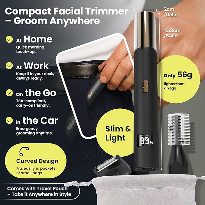 3-in-1 Nose Hair Trimmer for Men & Women – Electric Ear and Nose Hair Trimmer, Eyebrow Trimmer, USB-C Rechargeable Facial Hair Removal Device, Stainless Steel Blades, Digital LED Display