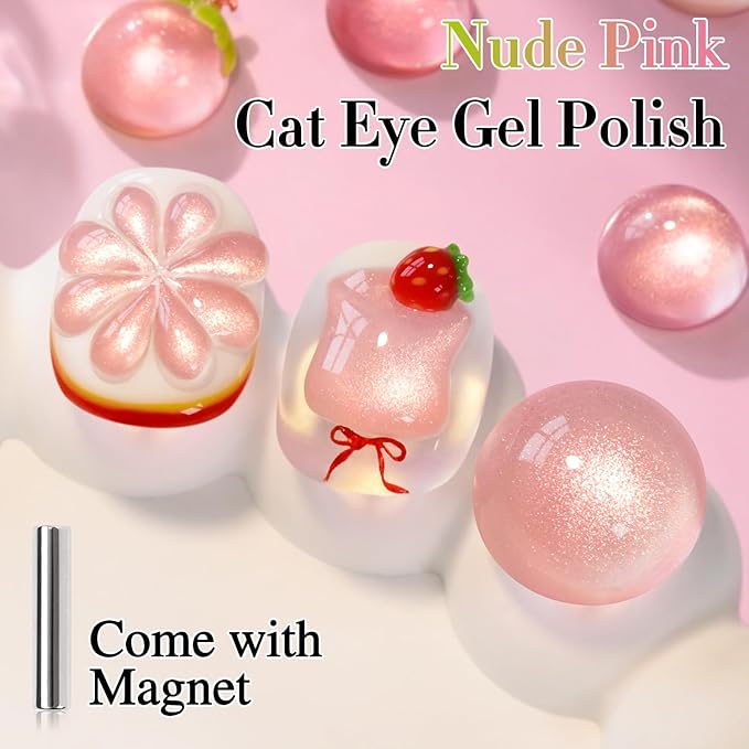 Double Rhythm 0.5 OZ Cat Eye Gel Polish with Magnet 15ML Holographic Glitter Shimmer Translucent Jelly Color Magnetic Nail Polish Salon DIY at Home (Fruit Nude Pink-MC1204)