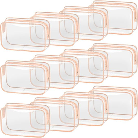 TISRATOK 12 PCS Clear Makeup Bag for Women with Zipper, TSA Approved Toiletry Pouch, Cosmetic Bag Bulk for Travel Organizer Essentials - Orange-pink, Medium