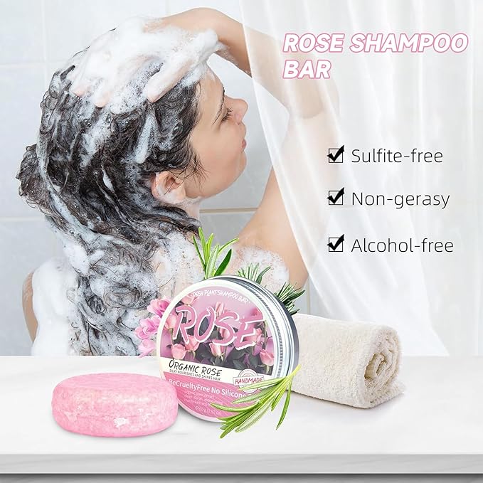 Handmade Solid Shampoo Bar Set of 2, Rose Hair Soap for Nourishing, Deeping Cleaning and Caring Scalp, Rose Flowers Extract Organic Shampoo Bars for All Hair Types, Sulfate & Silicone Free