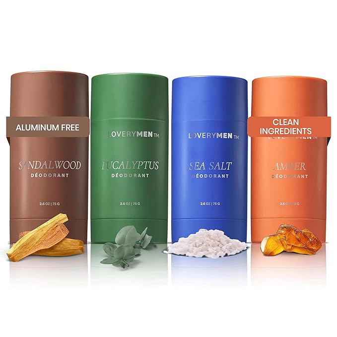Aluminum-Free Deodorant 4-Pack for Men – Long-Lasting Odor Protection – Amber, Sea Salt, Eucalyptus & Sandalwood Scents – No Baking Soda, Paraben-Free, Vegan Formula