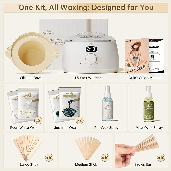 Lifestance Waxing Kit for Women & Men - White L3 Digital Warmer, Silicone Wax Pot Liner, Hair Removal Kit with 14.1oz Hard Wax Beads & Oil Spray, Professional for Home Brazilian Bikini Face Leg Body