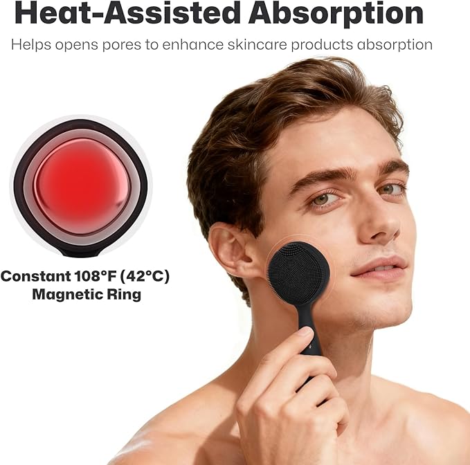 PRITECH Facial Cleansing Brush, Rechargeable Silicone Face Scrubber with Constant-Temperature Heating, Vibrating Exfoliator Scrubber for Deep Pore Cleaning, Waterproof Face Brush for Women & Men-Black