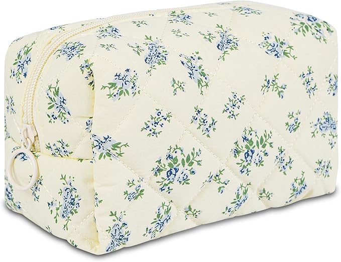 Quilted Makeup Pouch,Cotton Puffy Makeup Bag, Coquette Cosmetic Bag for Women and Girls, Aesthetic Organizer Bag, Cute Flower Travel Toiletry Bag