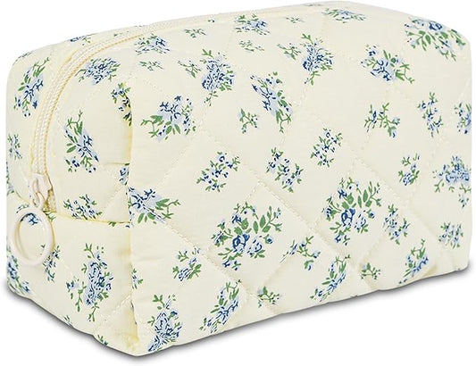 Quilted Makeup Pouch,Cotton Puffy Makeup Bag, Coquette Cosmetic Bag for Women and Girls, Aesthetic Organizer Bag, Cute Flower Travel Toiletry Bag
