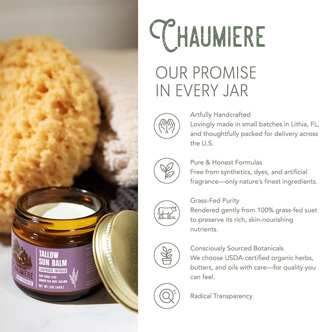 Lavender Tallow Sunscreen SPF 50 – Grass-Fed Beef Tallow Balm with Carrot Seed Oil & Non-Nano Zinc – Organic Face & Body Moisturizer, Reef Safe, Naturally Scented – 2.5oz x 3, Made in USA