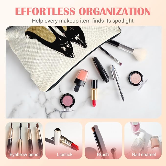 Trendy Black and Gold Makeup Bag for Women, Fashion Glitter High Heels Modern Aesthetic Cosmetic Bag for Purse, Trendy Girly Makeup Zipper Pouch