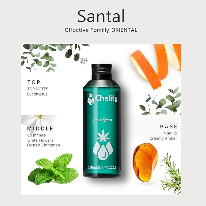 Chelity Hotel Diffuser Oil,5.1Fl Oz (150ml),Home Luxury Aroma & Hotel Fragrance Diffuser Oils-Hotel Diffuser Oil for Aromatherapy, Compatible with Waterless Ultrasonic Diffusers(5.1, Santal)