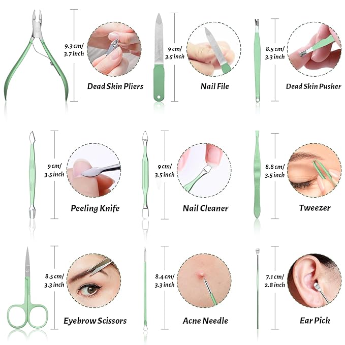 Manicure Pedicure Set, Nail Clipper Set for Men Women, Professional Manicure Kit Pedicure Kit, Nail Care Kit with Green Travel Leather Bag, Set 12 in 1