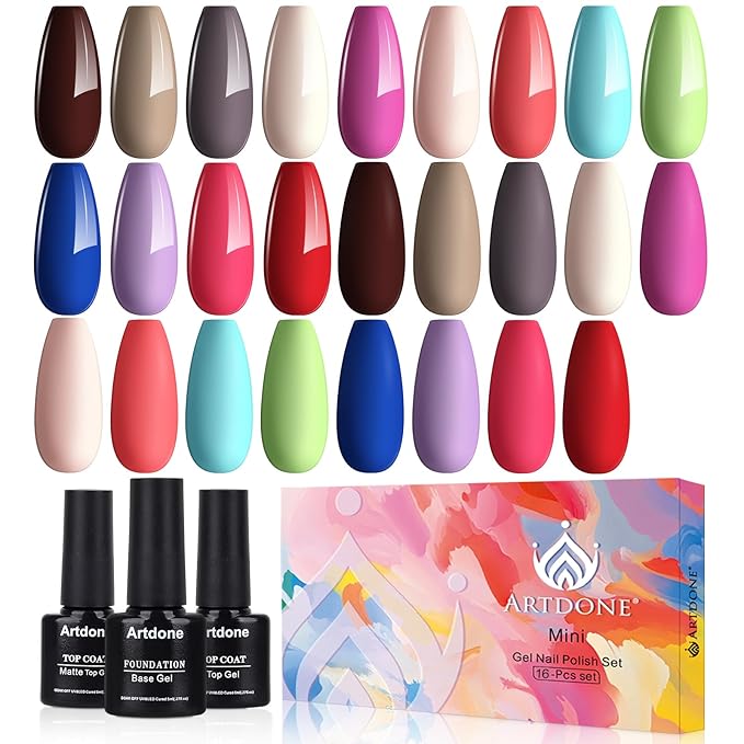 Artdone Gel Nail Polish Set Solid UV Gel 16 Bottles Set Include Top & Matte Top Coat and Base Coat White Pink Yellow Blue Red Colors For All Seasons Neutral Soak Off Manicure Kit For Nail Art