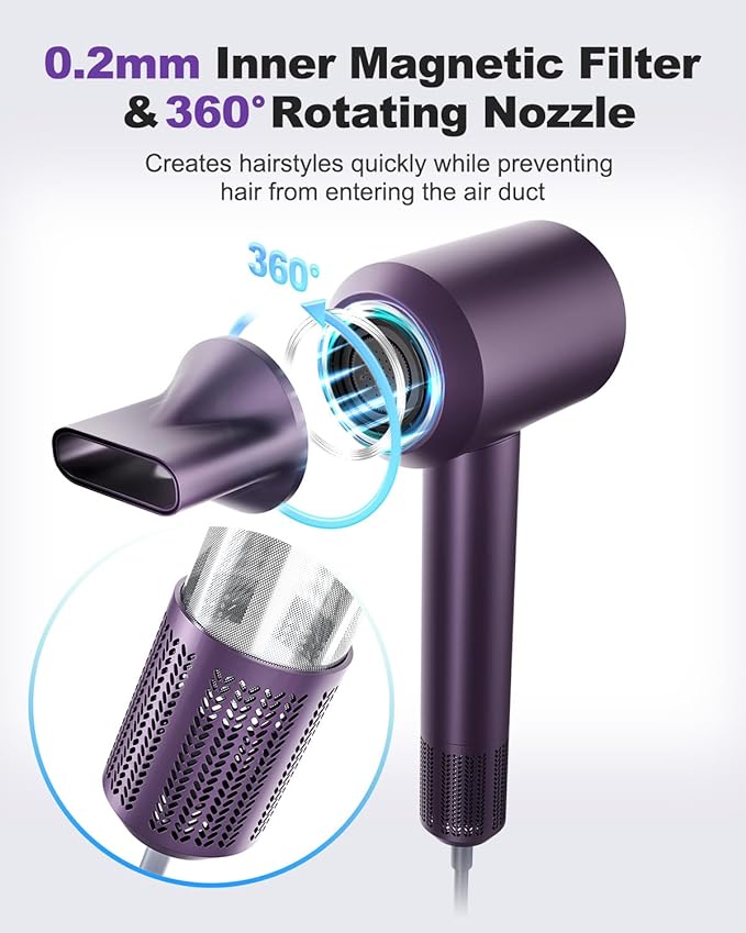 7MAGIC High-Speed Hair Dryer, 110,000RPM Brushless Motor for Fast Drying, 1400W Blow Dryer with Tri-Colour LED Light Ring, Low Noise Ionic Hair Dryer for Home and Travel, Magnetic Nozzle, Purple