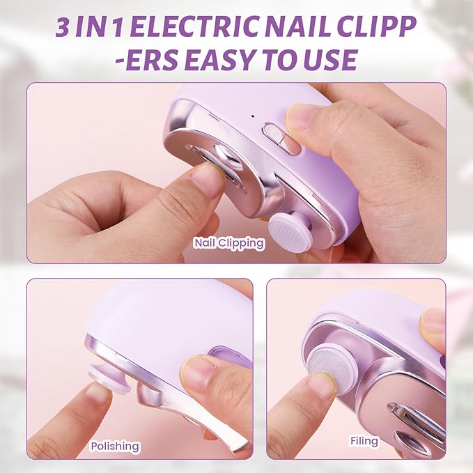 3 in 1 Electric Nail Clipper for Seniors, Baby Nail Trimmer Electric Automatic Trimmer, Safe Electric Toenail Clippers Nail File Tools for Adult, Manicure Kit Grinder with Polishing(Purple)