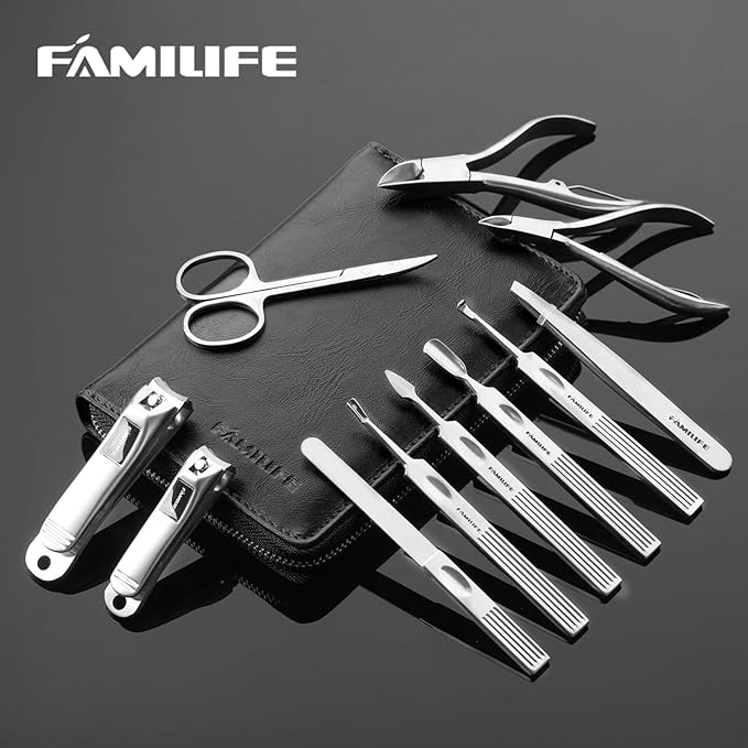 Manicure Kit, FAMILIFE Professional Manicure Set Nail Kit, 11 in 1 Stainless Steel Nail Clippers Set, with Portable Black Leather Travel Case Luxury Gifts for Him