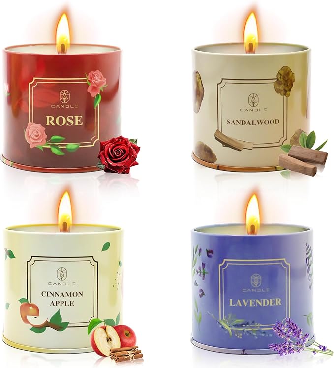 Scented Candles 4 Pack Soy Wax Long Lasting Rose Lavender Sandalwood Apple Fragrance Gifts for Women Christmas Gifts Thanksgiving Day
