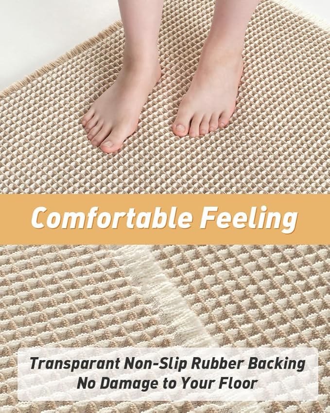 AMOAMI Upgraded Waffle Runner Rug Super Absorbent Non Slip Bath Mats for Bathroom Machine Washable Bathroom Runner Rug with Tassels, Ideal for Hallway Bedroom Laundry Room, 2' x 5', Brown & Cream