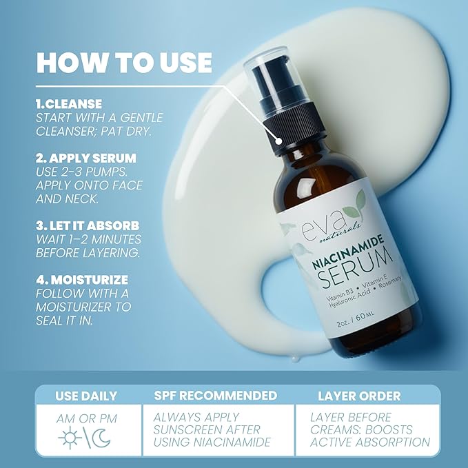 Eva Naturals Niacinamide 5% Serum for Face – B3 Pore Minimizer, Acne Treatment & Dark Spot Corrector with Hyaluronic Acid, Vitamin E, Aloe & Neem – Anti-Aging, Non-Greasy, Hydrating, 2oz