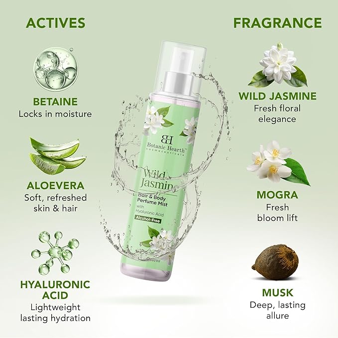 Botanic Hearth Wild Jasmine Hair Perfume & Body Perfume Mist with Hyaluronic Acid, Alcohol-Free, Long Lasting Hydrating Body & Hair Spray, 3.4 fl oz / 100 ml