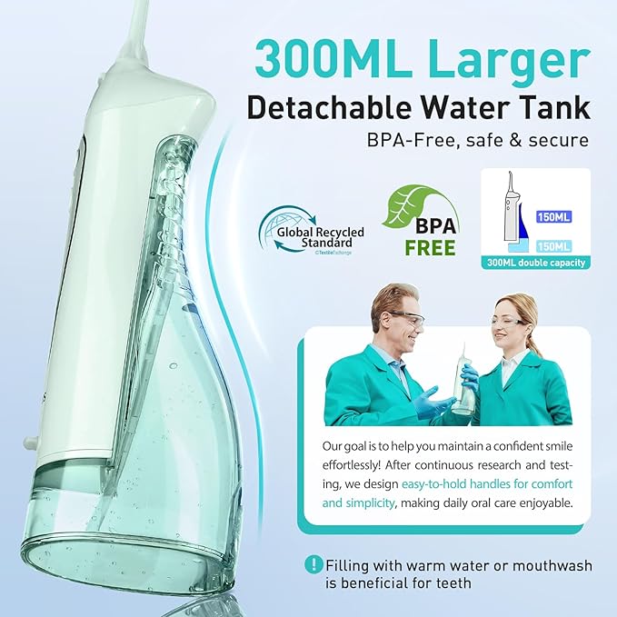 COSLUS Water Dental Flosser Teeth Pick: Portable Cordless Oral Irrigator 300ML Rechargeable Travel Irrigation Cleaner IPX7 Waterproof Electric Flossing Machine for Teeth Cleaning C20(F5020E) Green