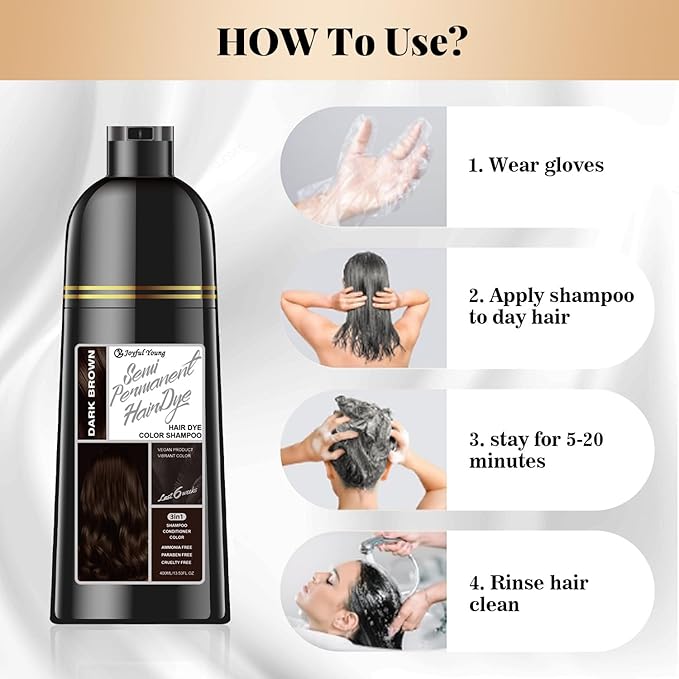 Hair Dye Shampoo 3-in-1 Vegan Color for Gray Hair - Ammonia-Free for Men & Women – Beard & Hair Coloring – Instant Gray Coverage Champú Para Canas Mujer & Hombre (DARK BROWN)