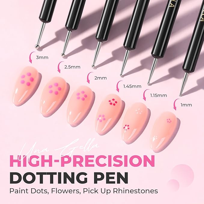 UNA GELLA Nail Art Brushes Set 6PCS Black Color Double-ended Acrylic Nail Design Brush Set Nail Dotting Tools Nail Art Gel Polish Liner Brushes for Gel Polish Painting DIY Nail Salon