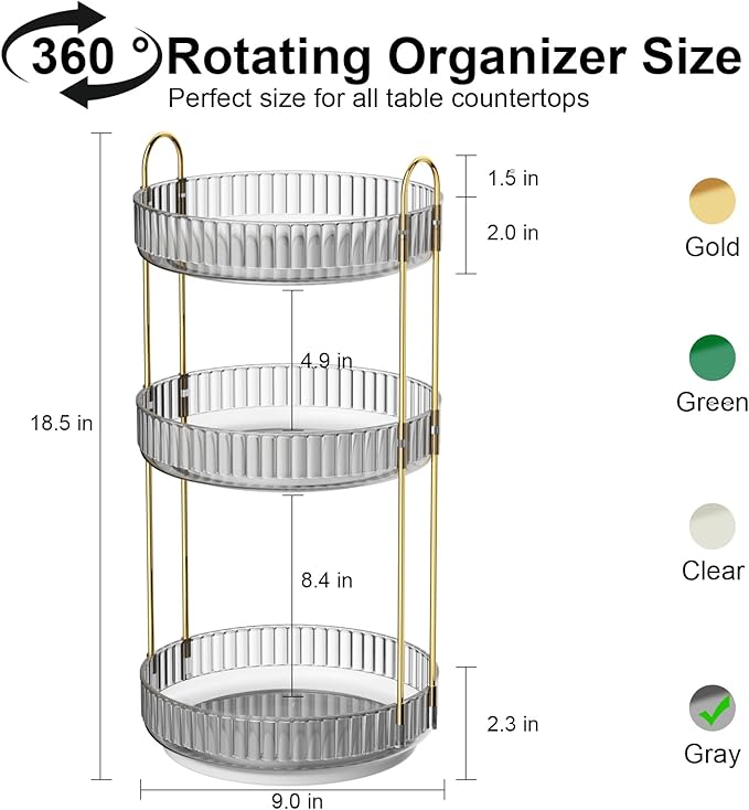 GTI 360°Rotating Makeup Organizer, 3 Tier Large Capacity Perfume Cosmetics Skincare Vanity Organizers,Bathroom Counter Organizer, Dresser Spinning Countertop Organizer and Storage for Women (Grey)