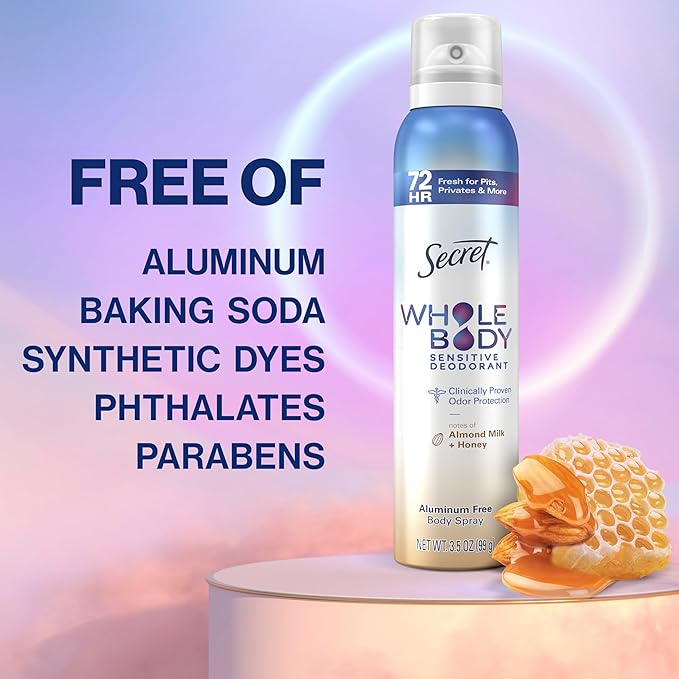 Secret Whole Body Deodorant Spray for Women, Almond Milk & Honey Scent, Aluminum Free Deodorant, 72 HR Odor Protection, 3.5oz