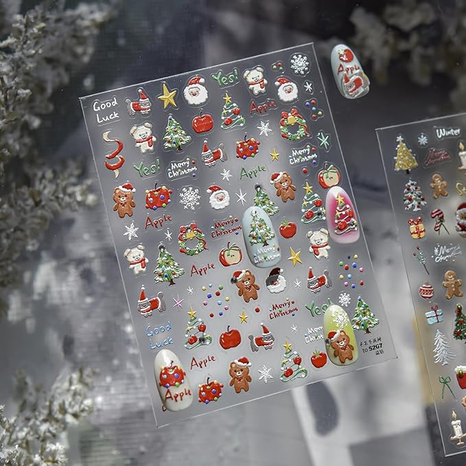 Christmas Nail Art Stickers 5D Diamond Xmas Nail Decals 1PCS Xmas Trees Apple Santa Claus Bear Christmas Nails Design Cute Holiday Nail Stickers Nail Art Supplies for Women DIY Manicure Decorations