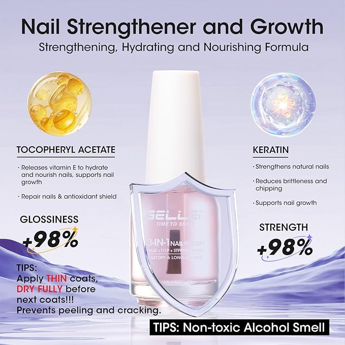 Gellen 3-In-1 Clear Nail Polish Base Top Coat & Strengthener, Sheer Nail Polish Hydrates Strengthens Nourishes Weak Damaged Dry Nails, Keratin & Vitamin E Formula, Hema Free, Non-toxic, Anti-yellowing