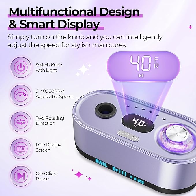 Electric Nail Drill Professional: 40000RPM Electric Nail File Kit E File Nail Drill Machine with LCD Display for Acrylic Gel Nail, Manicure Pedicure Polishing Nail Grinder for Salon Home Use