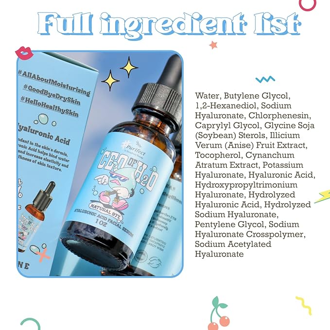 Purifect CEO of H20 Hyaluronic Acid Facial Serum – Hydrating, Moisturizing, Relieves Redness with Vitamin E – Made in USA – Plumping Formula, Pairs Well with Vitamin C Serum & Moisturizer