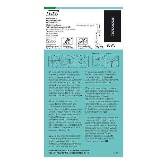 TePe Interdental Brush Extra Soft, Supersoft Dental Brush for Teeth Cleaning, Pack of 8, 0.8 mm, Large Gaps, Green, Size 5