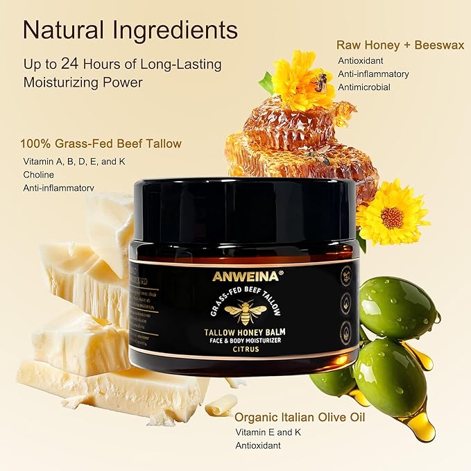 Beef Tallow for Skin, Organic Grass-Fed Tallow and Honey Balm with Row Wild Honey, Deeply Moisturizes Face & Body Moisturizer, Natural Formula for Dry & Sensitive Skin (2 OZ, Citrus)