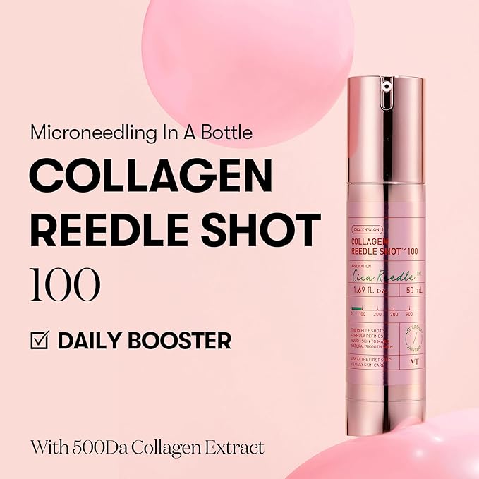 VT COSMETICS Collagen Reedle Shot 100, Microneedling Serum, Firming & Elasticity, 500Da Collagen Extract, Soft & Glass Skin, Pink Serum, Korean Skin Booster 1.69Fl Oz(50ml)