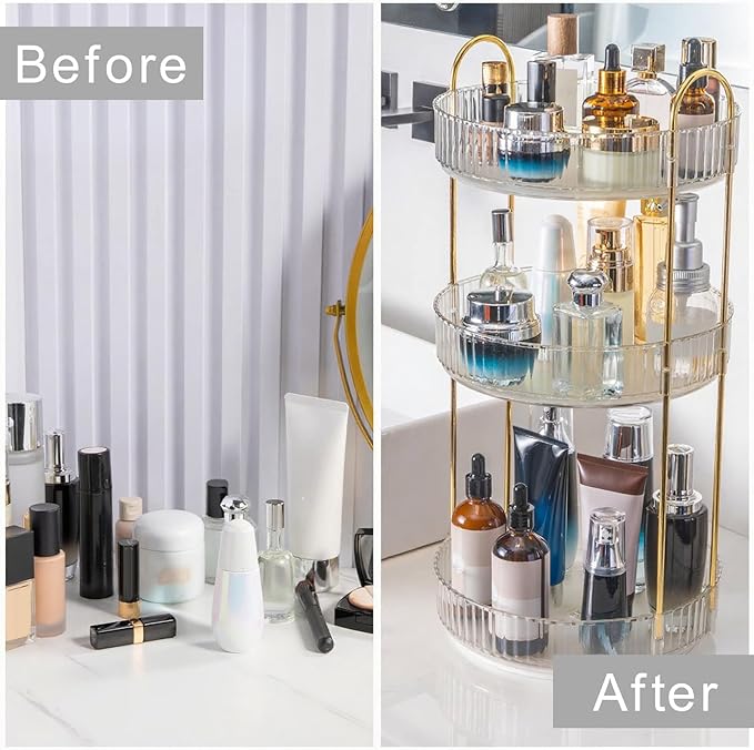 360° Rotating Makeup Organizer, Bathroom Make Up Spinning Holder Rack, Large Capacity Cosmetics Storage Vanity Shelf Countertop, Fits Cosmetics, Perfume, Skincare, Lipsticks(3 Tiers, Clear)