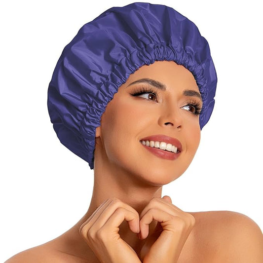 Reusable Shower Cap for Women, Large Waterproof Shower Essentials Bonnet Washable Elastic Band Bath Hair Wrap Hat for Long Hair, Braids(Dark Blue Purple)