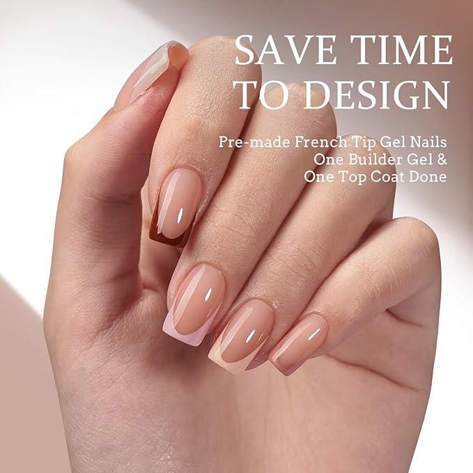 BTArtboxnails XCOATTIPS French Tip Press on Nails - Skin Tones Short Fall Press On Nails Square, Soft Gel Nail Tips with Nail Gel, French Protecting Duo, Nail Lamp, All in One Fake Nail Extension Kit