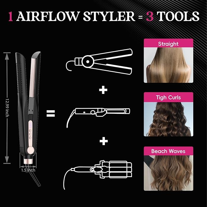 SKIMI Airflow Styler, Titanium Flat Iron Hair Straightener, Professional Curling Iron with Cooling Air Vents to Lock in Style, 5 Temps & Dual Voltage, Auto Off (Black & Pink).
