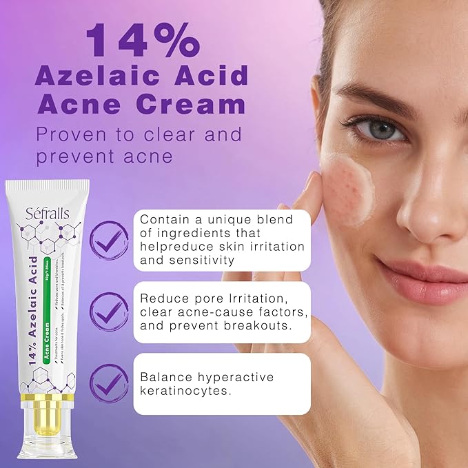 14% Azelaic Acid Acne Cream, Premium Azelaic Acid Facial Cream - Redness Relief For Face, Redness Reducing Skin Care, Prevents Acne Breakouts, Ease Pimple Clarify Skin Soothe Irritation,1 Oz