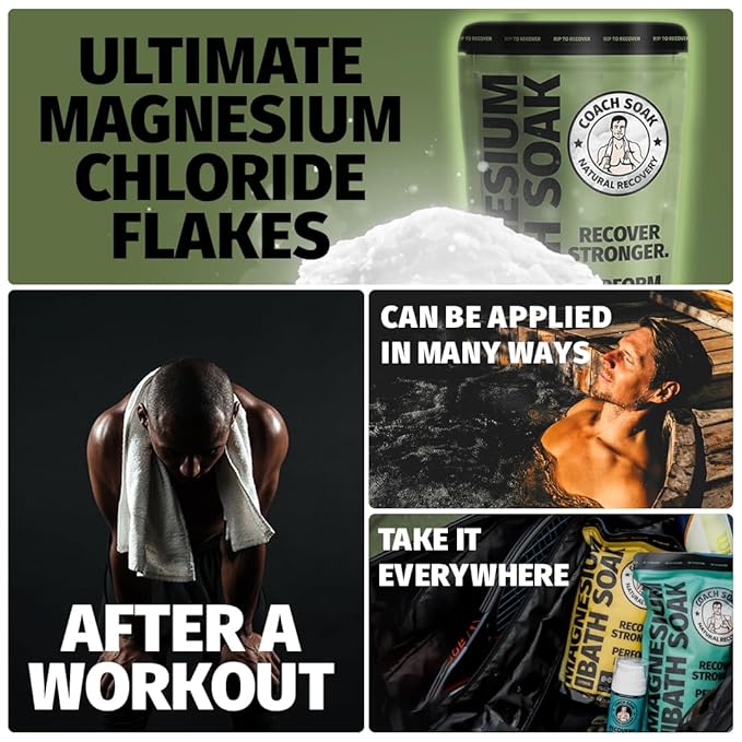 Coach Soak Recovery Bath Soak - Alternative to Epsom Salt Bath Soak - Fast-Absorbing Pure Magnesium Flakes & Dead Sea Salt with 21 Minerals, Bath Salts & Essential Oils - 3 lb, Eucalyptus Tee Tree