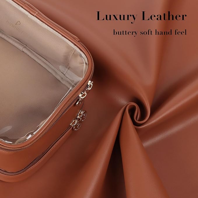 Pocmimut Makeup Case,Double Layer Large Cosmetic Bag with Makeup Brush Bag,TSA Approved Toiletry Bag Skincare Bag Car Accessories Travel Essentials Organizers for Women,Brown