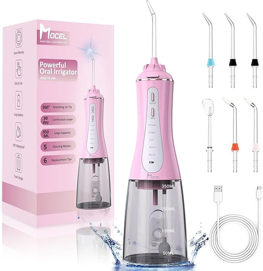 Water Dental Flosser for Teeth - 350ML Large Tank 5 Modes & 6 Tips Cordless, Oral Irrigator Waterproof, Portable Teeth Cleaning and Flossing with Effective Plaque Remover for Adults (Pink)
