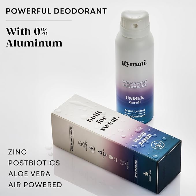 Gymati - Fitness Deodorant Spray - Men & Women - Aluminum-Free - All Day Ultimate Odor Protection - Sweat Resistant - Air-Powered - Vegan & Plant-Based - Made in USA -Unisex -3.4oz Travel Size -2 Pack