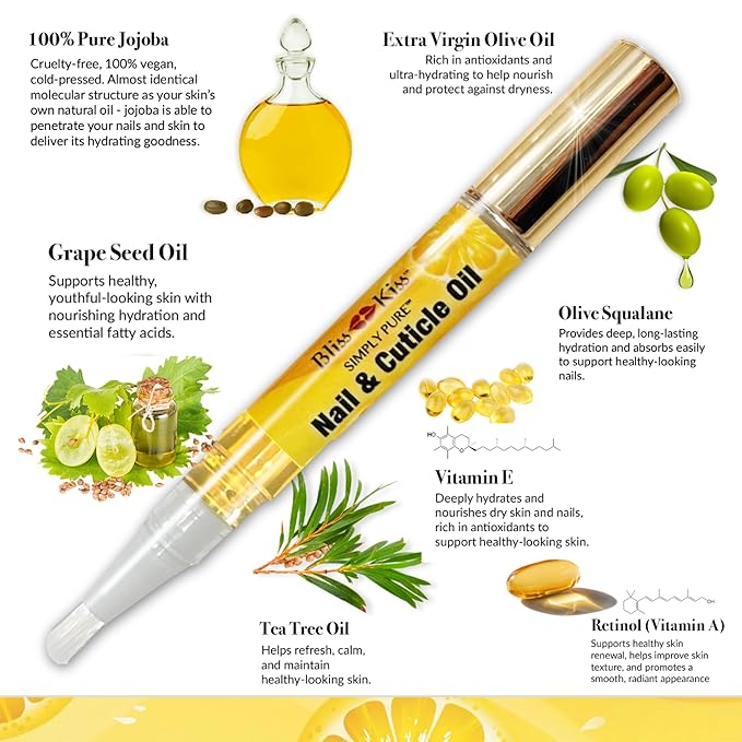 Bliss Kiss | 1 Crisp Fragrance | Nail Oil Cuticle Pen w/Vitamin E & Jojoba⏤Nail Strengthener Nail Growth Serum for Brittle Peeling Breaking Thin Nails