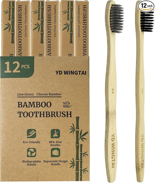 Biodegradable Bamboo Toothbrushes 12pack Non Plastic Toothbrush Natural Wooden Travel Size Organic Charcoal Tooth Brush