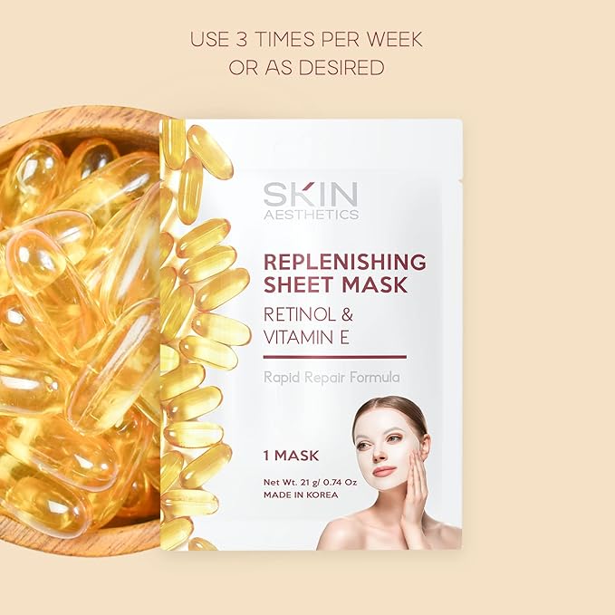 Retinol & Vitamin E Sheet Face Mask - Repairs Skin, Diminishes Fine Lines & Wrinkles, Anti-Aging - Dermatologist Tested Korean Skincare - Clean Beauty, Cruelty-Free - 5 Masks