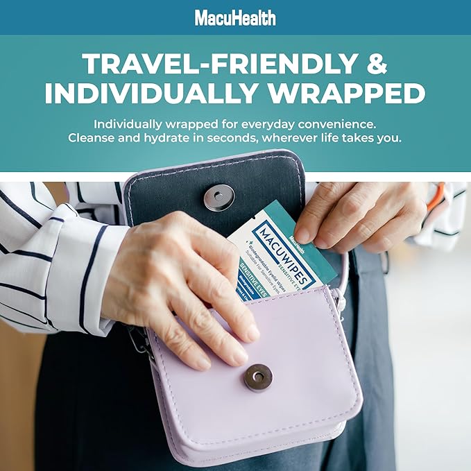 MacuHealth MacuWipes Sensitive - Pre-Moistened Eyelid Wipes for Dry, Sore & Gritty Eyes, Alcohol-Free, Rinse-Free Formula with Tea Tree Oil & Micellar Water, Individually Wrapped - 40 Count