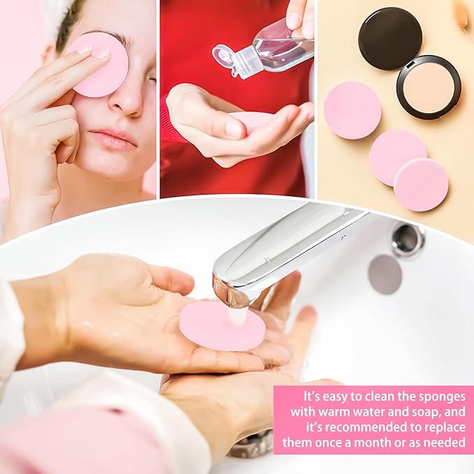 MotBach 100 PCS Pink Round Makeup Sponge, Cosmetic Sponge Round Foam Pad Eye Facial Powder Puff, Beauty Makeup Foundation Powder Blender for Women Lady All Skin Types Wet and Dry Dual Use