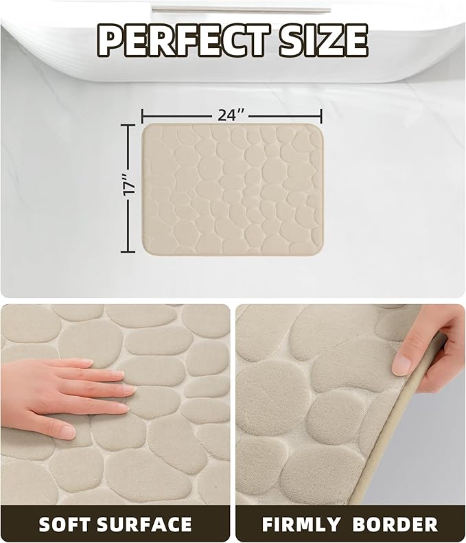 YIHOUSE Memory Foam Bath Mat Cobblestone Bathroom Rugs Super Water Absorbent Bath Mats for Bathroom Machine Washable Bath Rugs(17x24,Khaki)